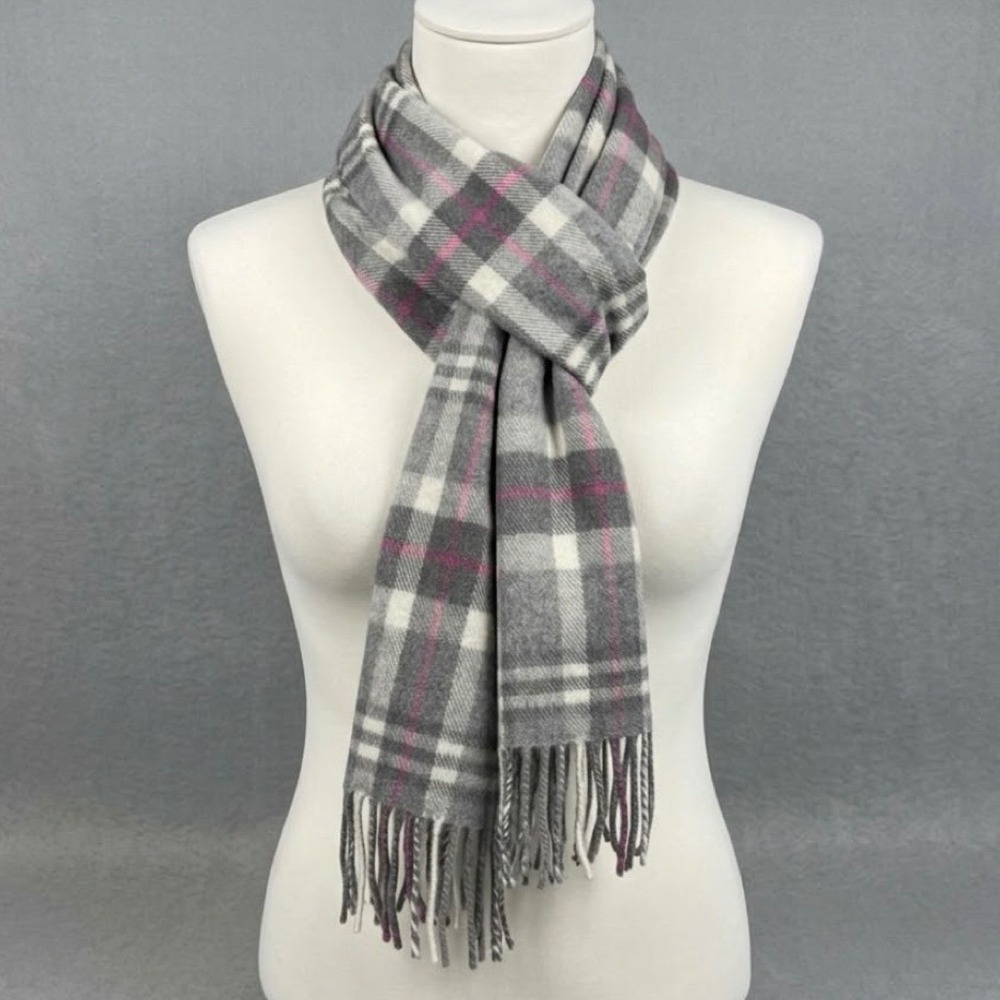 John Hanly 100% Merino Wool Scarf Grey Pink Plaid Fringe 70"x11" Unisex
